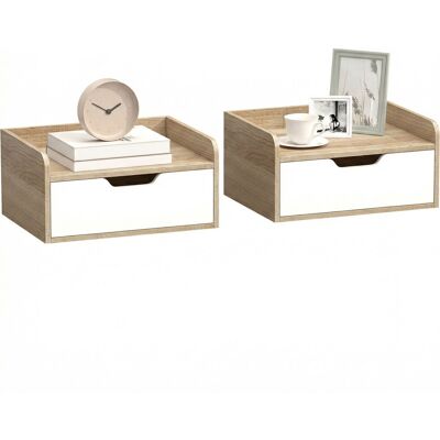 OEM Lot De 2 Tables De Chevet Murales. Tables De Nuit Avec Tiroir Et Plateau À Rebords Surélevés. 40x30x19.5cm. Bois Naturel - Publicité OEM Lot De 2 Tables De Chevet Murales. Tables De Nuit Avec Tiroir Et Plateau À Rebords Surélevés. 40x30x19.5cm. Bois Naturel - Publicité