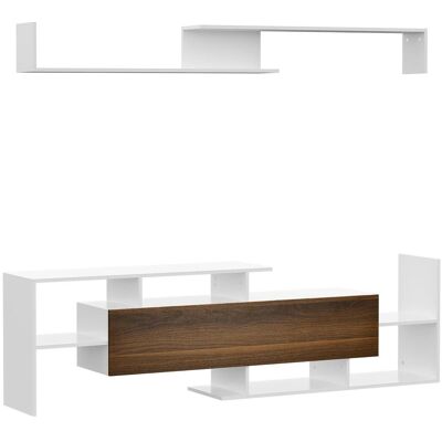 OEM Meuble Tv Avec Étagère Murale, Étagères Ouvertes Et Placard Fermé, En Panneaux De Particules Blancs Et Bruns - Publicité OEM Meuble Tv Avec Étagère Murale, Étagères Ouvertes Et Placard Fermé, En Panneaux De Particules Blancs Et Bruns - Publicité