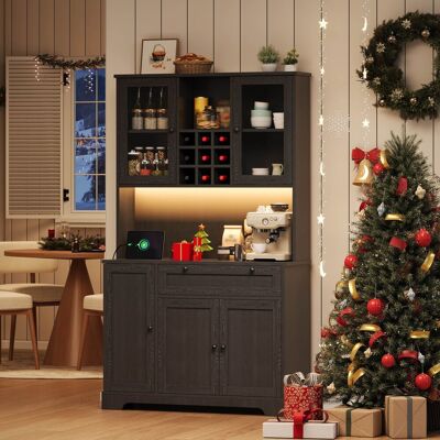 LEMONBEST Buffet De Cuisine Haut 105x40x180 Cm Meuble Vitrine Avec Éclairage Led, Prises Usb, 5 Portes, Tiroir, Casier À Vin, Étagères - Noir - Publicité LEMONBEST Buffet De Cuisine Haut 105x40x180 Cm Meuble Vitrine Avec Éclairage Led, Prises Usb, 5 Portes, Tiroir, Casier À Vin, Étagères - Noir - Publicité