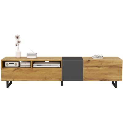 ACKERMAN Meuble Tv Colorblock, Design Épuré Aux Couleurs Contrastées, Trois Portes Et Deux Compartiments, Pieds En Métal En Forme De U, Aspect Bois Rétro. Publicité ACKERMAN Meuble Tv Colorblock, Design Épuré Aux Couleurs Contrastées, Trois Portes Et Deux Compartiments, Pieds En Métal En Forme De U, Aspect Bois Rétro. Publicité