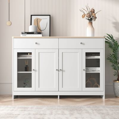 ACKERMAN Buffet En Bois Blanc Veiné, Quatre Portes, Deux Tiroirs, Une Porte Vitrée. Idéal Pour Le Salon Ou La Salle À Manger. Coloris Bois Et Blanc. Publicité ACKERMAN Buffet En Bois Blanc Veiné, Quatre Portes, Deux Tiroirs, Une Porte Vitrée. Idéal Pour Le Salon Ou La Salle À Manger. Coloris Bois Et Blanc. Publicité