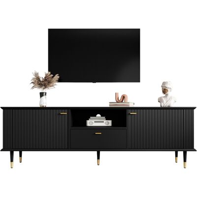 ACKERMAN Meuble Tv Avec Compartiments Ouverts Et Tiroirs, Surface Texturée Laquée, Charnières À Fermeture Douce - Publicité ACKERMAN Meuble Tv Avec Compartiments Ouverts Et Tiroirs, Surface Texturée Laquée, Charnières À Fermeture Douce - Publicité