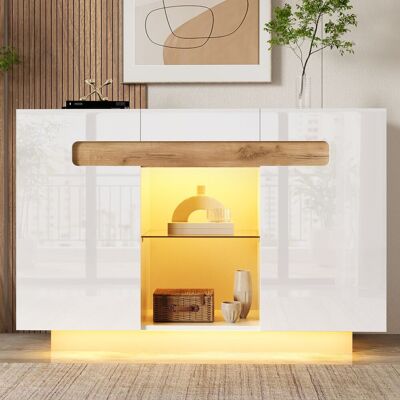 ACKERMAN Buffet/meuble Rangement Led 120×40×80cm, 1 Tiroir, 4 Étagères, 2 Compartiments Ouverts, Portes Brillantes, Finition Bois Blanc/naturel - Publicité ACKERMAN Buffet/meuble Rangement Led 120×40×80cm, 1 Tiroir, 4 Étagères, 2 Compartiments Ouverts, Portes Brillantes, Finition Bois Blanc/naturel - Publicité
