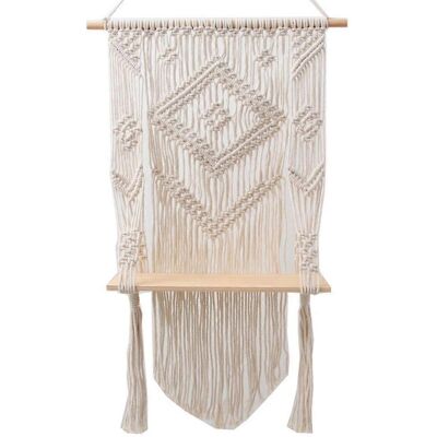 ALLAUVE Étagère Murale En Macramé Tissé À La Main, Style Bohème, Avec Pompons Et Étagères En Bois Pour La Décoration Intérieure. Publicité ALLAUVE Étagère Murale En Macramé Tissé À La Main, Style Bohème, Avec Pompons Et Étagères En Bois Pour La Décoration Intérieure. Publicité