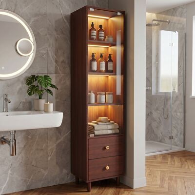 CHINGNIMON Vitrine Haute 40x35x165 Cm En Bois Avec Led, Porte En Verre, 2 Tiroirs Et Poignées Dorées, Style Rétro - Publicité CHINGNIMON Vitrine Haute 40x35x165 Cm En Bois Avec Led, Porte En Verre, 2 Tiroirs Et Poignées Dorées, Style Rétro - Publicité