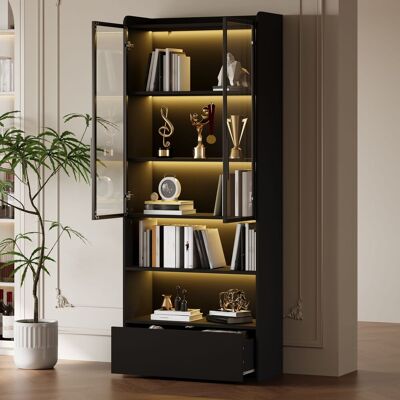 LEMONBEST Armoire Vitrine Led Noire 180 Cm Avec Portes En Verre, Tiroir, Étagères Ouvertes Et Rangement Salon - Publicité LEMONBEST Armoire Vitrine Led Noire 180 Cm Avec Portes En Verre, Tiroir, Étagères Ouvertes Et Rangement Salon - Publicité