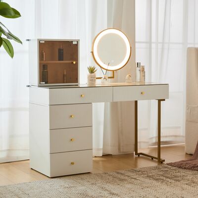 ACKERMAN Ensemble Coiffeuse Avec Miroir Éclairé Par Led, Plateau En Verre Trempé Transparent, Coiffeuse Latérale Et Armoire, Mobilier Élégant, Blanc, Dimensions : 120 X 45 X 115 Cm (sans Tabouret) - Publicité ACKERMAN Ensemble Coiffeuse Avec Miroir Éclairé Par Led, Plateau En Verre Trempé Transparent, Coiffeuse Latérale Et Armoire, Mobilier Élégant, Blanc, Dimensions : 120 X 45 X 115 Cm (sans Tabouret) - Publicité