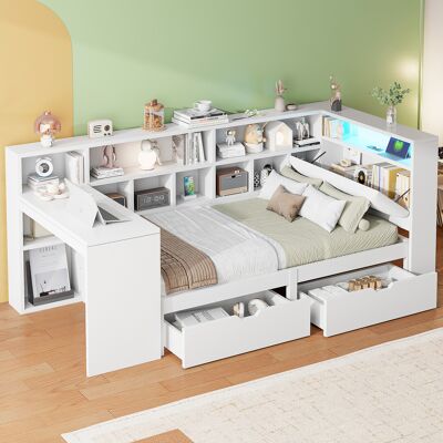 LEMONBEST Lit 90x200 Cm Blanc Avec Bureau, Bibliothèque, 2 Tiroirs, Éclairage Led Et Prises Usb - Publicité LEMONBEST Lit 90x200 Cm Blanc Avec Bureau, Bibliothèque, 2 Tiroirs, Éclairage Led Et Prises Usb - Publicité