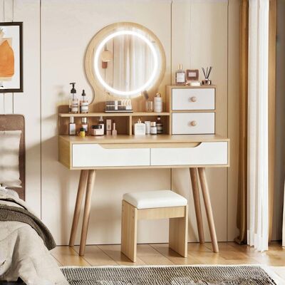 OEM Coiffeuse Avec Miroir Et Éclairage Led, Tabouret Rembourré, Grand Plan De Travail, 2 Grands Tiroirs Et 2 Petits Placards, Idéale Pour Les Petites Chambres, Tons Bois, L 80 X H 135 X P 40 Cm - Publicité OEM Coiffeuse Avec Miroir Et Éclairage Led, Tabouret Rembourré, Grand Plan De Travail, 2 Grands Tiroirs Et 2 Petits Placards, Idéale Pour Les Petites Chambres, Tons Bois, L 80 X H 135 X P 40 Cm - Publicité