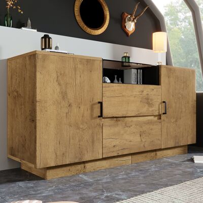 ACKERMAN Commode/buffet Effet Chêne Avec 2 Tiroirs + 2 Placards (hauteur Réglable À L'Intérieur) Et Compartiment Ouvert - Verre Trempé De Sécurité Et Poignées Noires, H 70/l 140/p 40 Cm - Publicité ACKERMAN Commode/buffet Effet Chêne Avec 2 Tiroirs + 2 Placards (hauteur Réglable À L'Intérieur) Et Compartiment Ouvert - Verre Trempé De Sécurité Et Poignées Noires, H 70/l 140/p 40 Cm - Publicité