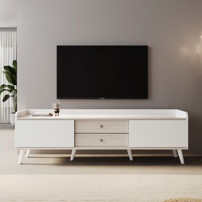 ACKERMAN Meuble Tv À Deux Tiroirs, Support Tv, Meuble Tv Bas À Deux Portes Coulissantes. Finition Raffinée. Coloris Blanc Et Bois Naturel. H 58/l 160/p 40 Cm. Publicité ACKERMAN Meuble Tv À Deux Tiroirs, Support Tv, Meuble Tv Bas À Deux Portes Coulissantes. Finition Raffinée. Coloris Blanc Et Bois Naturel. H 58/l 160/p 40 Cm. Publicité