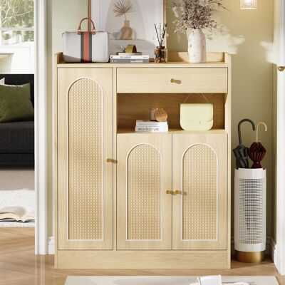 OEM Meuble À Chaussures Rotin Naturel 90×35×110cm – 1 Tiroir + 3 Portes, Étagères Réglables, Anti-basculement, Pour Entrée/couloir - Publicité OEM Meuble À Chaussures Rotin Naturel 90×35×110cm – 1 Tiroir + 3 Portes, Étagères Réglables, Anti-basculement, Pour Entrée/couloir - Publicité