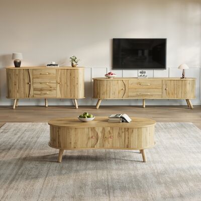 ACKERMAN Ensemble De Salon 3 Pièces : Table Basse, Buffet, Meuble Tv Forme Arrondie Portes Coulissantes Aspect Bois Pieds En Bois - Publicité ACKERMAN Ensemble De Salon 3 Pièces : Table Basse, Buffet, Meuble Tv Forme Arrondie Portes Coulissantes Aspect Bois Pieds En Bois - Publicité