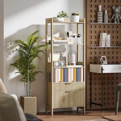 OEM Bibliothèque 5 Niveaux 2 Tiroirs Cannelés 60x30x160 Cm Naturel - Publicité OEM Bibliothèque 5 Niveaux 2 Tiroirs Cannelés 60x30x160 Cm Naturel - Publicité