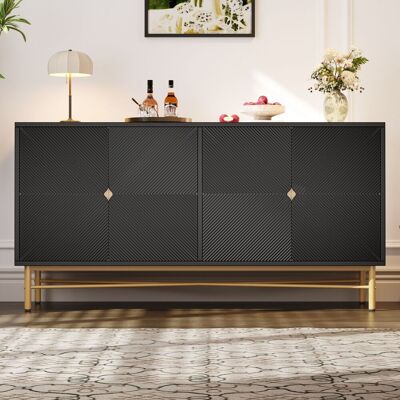 LEMONBEST Buffet Noir 160x40x82 Cm Avec 4 Portes Texturées En Relief, Poignées Dorées Brossées Et Pieds Brillants - Publicité LEMONBEST Buffet Noir 160x40x82 Cm Avec 4 Portes Texturées En Relief, Poignées Dorées Brossées Et Pieds Brillants - Publicité