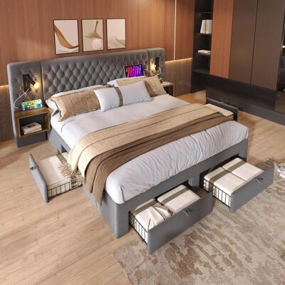 OEM Ensemble De Chambre À Coucher, Lit Double Capitonné 160×200 Cm Avec 2 Tables De Chevet Et 4 Tiroirs, Lampe De Lecture Intégrée À La Tête De Lit Avec Fonction De Chargement Usb, Gris, Velours - Publicité OEM Ensemble De Chambre À Coucher, Lit Double Capitonné 160×200 Cm Avec 2 Tables De Chevet Et 4 Tiroirs, Lampe De Lecture Intégrée À La Tête De Lit Avec Fonction De Chargement Usb, Gris, Velours - Publicité