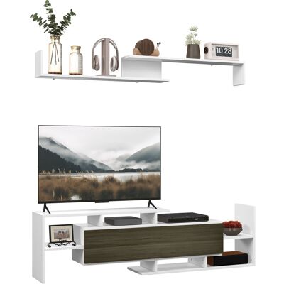 OEM Meuble Tv Avec Étagère Murale, Étagères Ouvertes Et Placard En Bois, Blanc Et Noir - Publicité OEM Meuble Tv Avec Étagère Murale, Étagères Ouvertes Et Placard En Bois, Blanc Et Noir - Publicité