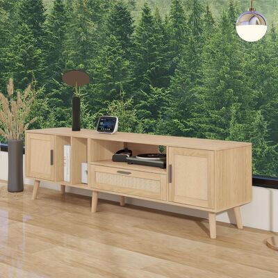 Acavallo Meuble Tv Avec Éclairage Led, 2 Tiroirs En Rotin, 2 Portes En Verre Courbé Et 1 Porte En Rotin, Mdf, 180 X 40 X 50 Cm, Marron - Publicité Acavallo Meuble Tv Avec Éclairage Led, 2 Tiroirs En Rotin, 2 Portes En Verre Courbé Et 1 Porte En Rotin, Mdf, 180 X 40 X 50 Cm, Marron - Publicité