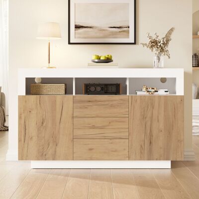 LEMONBEST Meuble De Rangement 140 X 40 X 85 Cm, Armoire Basse Avec 3 Tiroirs, 2 Portes, 3 Étagères Ouvertes Et Verre Trempé, Blanc + Bois Naturel - Publicité LEMONBEST Meuble De Rangement 140 X 40 X 85 Cm, Armoire Basse Avec 3 Tiroirs, 2 Portes, 3 Étagères Ouvertes Et Verre Trempé, Blanc + Bois Naturel - Publicité