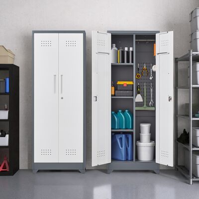 ACKERMAN Grey 65" Metal Cleaning Tool Storage Cabinet With Locking Doors, Shelves, Hanging Rod & S-hooks - Publicité ACKERMAN Grey 65" Metal Cleaning Tool Storage Cabinet With Locking Doors, Shelves, Hanging Rod & S-hooks - Publicité