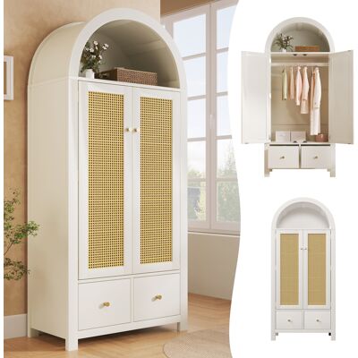 ACKERMAN Armoire 181 X 78 X 45 Cm En Rotin Tressé, Style Campagne, Blanche, Avec Étagère Semi-circulaire Ouverte, 2 Portes À Fermeture Magnétique, 2 Tiroirs, Tringle Et Dispositif Anti-basculement - Publicité ACKERMAN Armoire 181 X 78 X 45 Cm En Rotin Tressé, Style Campagne, Blanche, Avec Étagère Semi-circulaire Ouverte, 2 Portes À Fermeture Magnétique, 2 Tiroirs, Tringle Et Dispositif Anti-basculement - Publicité