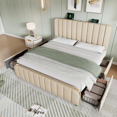 ACKERMAN Lit Capitonné Double Avec Tête De Lit Rembourrée Ornée De Finitions Dorées Et Fonction De Chargement Usb Type-c, 140190 Cm, Revêtement En Lin Beige Avec 4 Tiroirs, Capacité De Charge 181 Kg (sans Mate - Publicité ACKERMAN Lit Capitonné Double Avec Tête De Lit Rembourrée Ornée De Finitions Dorées Et Fonction De Chargement Usb Type-c, 140190 Cm, Revêtement En Lin Beige Avec 4 Tiroirs, Capacité De Charge 181 Kg (sans Mate - Publicité