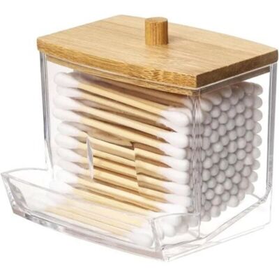 ABCRITAL Boîte À Cotons Tiges En Acrylique Avec Couvercle En Bambou Boîte De Rangement Pour Salle De Bain Et Chambre - Publicité ABCRITAL Boîte À Cotons Tiges En Acrylique Avec Couvercle En Bambou Boîte De Rangement Pour Salle De Bain Et Chambre - Publicité
