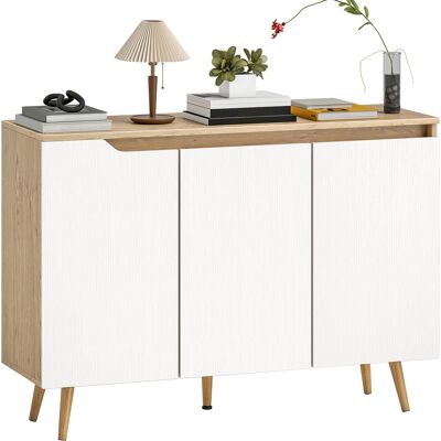 ARRIGONI Buffet Salon, Meuble De Rangement, 3 Portes, Étagères Réglables Et Pieds En Bois D'Hévéa, 107x35x76,5cm, Blanc Et Chêne - Publicité ARRIGONI Buffet Salon, Meuble De Rangement, 3 Portes, Étagères Réglables Et Pieds En Bois D'Hévéa, 107x35x76,5cm, Blanc Et Chêne - Publicité