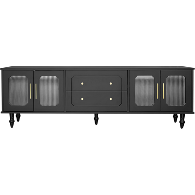 ALMASTORE Meuble Tv Bas Au Style Rétro: Poignées Dorées, Grand Espace De Rangement. Avec Porte Vitrée Et Pieds En Bois Massif - Publicité ALMASTORE Meuble Tv Bas Au Style Rétro: Poignées Dorées, Grand Espace De Rangement. Avec Porte Vitrée Et Pieds En Bois Massif - Publicité