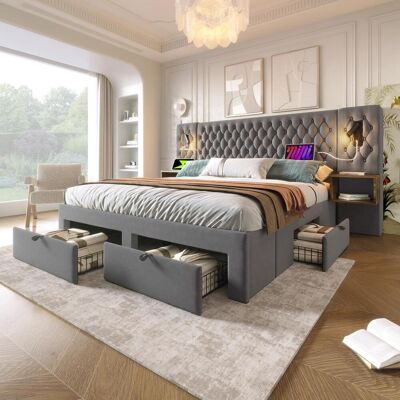 OEM Ensemble De Chambre À Coucher, Lit Double Capitonné 180×200 Cm Avec 2 Tables De Chevet Et 4 Tiroirs, Lampe De Lecture Intégrée À La Tête De Lit Avec Fonction De Chargement Usb, Gris, Velours - Publicité OEM Ensemble De Chambre À Coucher, Lit Double Capitonné 180×200 Cm Avec 2 Tables De Chevet Et 4 Tiroirs, Lampe De Lecture Intégrée À La Tête De Lit Avec Fonction De Chargement Usb, Gris, Velours - Publicité