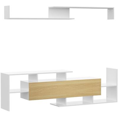 OEM Meuble Tv Avec Étagère Murale, Étagères Ouvertes Et Armoire En Bois, Blanc Et Bois Naturel - Publicité OEM Meuble Tv Avec Étagère Murale, Étagères Ouvertes Et Armoire En Bois, Blanc Et Bois Naturel - Publicité