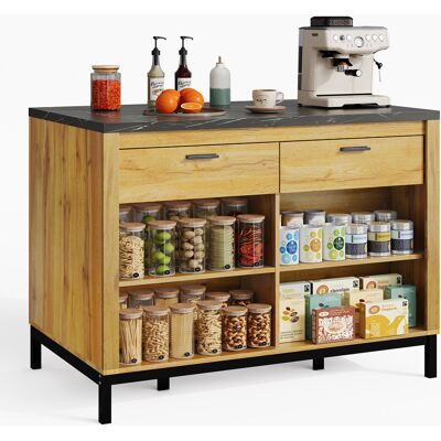 ACKERMAN Îlot De Cuisine Style Campagnard, 120 × 75 × 90 Cm – Avec 2 Tiroirs Et 4 Étagères Ouvertes, Finition Chêne, Plan De Travail En Marbre Noir, Structure Métallique, Dosseret Avec Coin Bar - Publicité ACKERMAN Îlot De Cuisine Style Campagnard, 120 × 75 × 90 Cm – Avec 2 Tiroirs Et 4 Étagères Ouvertes, Finition Chêne, Plan De Travail En Marbre Noir, Structure Métallique, Dosseret Avec Coin Bar - Publicité