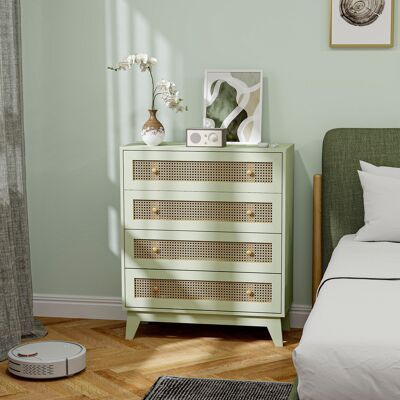 OEM Commode 4 Tiroirs Meuble De Rangement Cannage En Rotin Aspect Bois Clair 80 X 35 X 95 Cm Vert - Publicité OEM Commode 4 Tiroirs Meuble De Rangement Cannage En Rotin Aspect Bois Clair 80 X 35 X 95 Cm Vert - Publicité