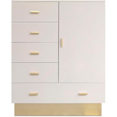 MENZZO Buffet Haut Moderne 5 Tiroirs Et 1 Porte Nestor Taupe Clair Et Or - Publicité MENZZO Buffet Haut Moderne 5 Tiroirs Et 1 Porte Nestor Taupe Clair Et Or - Publicité