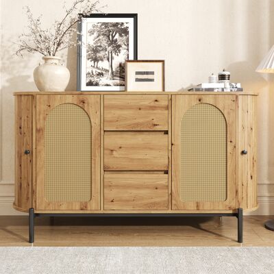 LIBERTÉ Buffet Ovale Rotin Coulissant Tiroirs Étagères Réglables Pieds Métal Couleur Bois - Publicité LIBERTÉ Buffet Ovale Rotin Coulissant Tiroirs Étagères Réglables Pieds Métal Couleur Bois - Publicité