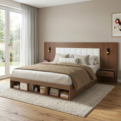LEMONBEST Lit Double 180 X 200 Cm, Lit Avec 2 Tables De Chevet, Lampes De Lecture 360°, Usb/type-c Et Rangements, Structure Mdf, Noyer - Publicité LEMONBEST Lit Double 180 X 200 Cm, Lit Avec 2 Tables De Chevet, Lampes De Lecture 360°, Usb/type-c Et Rangements, Structure Mdf, Noyer - Publicité