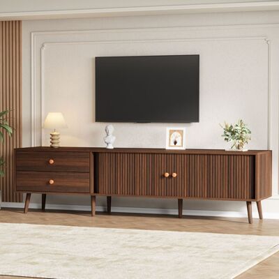 OEM Meuble Tv 180 X 40 X 46,5 Cm En Finition Noyer, Avec Deux Tiroirs, Deux Portes Coulissantes Et Sept Pieds. Convient Aux Téléviseurs Jusqu'à 80 Pouces. Meuble Bas, Meuble De Salon, Support Tv - Publicité OEM Meuble Tv 180 X 40 X 46,5 Cm En Finition Noyer, Avec Deux Tiroirs, Deux Portes Coulissantes Et Sept Pieds. Convient Aux Téléviseurs Jusqu'à 80 Pouces. Meuble Bas, Meuble De Salon, Support Tv - Publicité