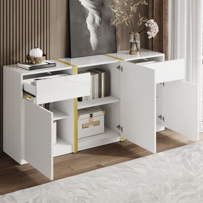 LEMONBEST Buffet Laqué Brillant 3 Portes 2 Tiroirs Avec Étagères Réglables, Meuble De Rangement, 160 X 40 X 78 Cm, Mdf, Blanc Et Doré - Publicité LEMONBEST Buffet Laqué Brillant 3 Portes 2 Tiroirs Avec Étagères Réglables, Meuble De Rangement, 160 X 40 X 78 Cm, Mdf, Blanc Et Doré - Publicité