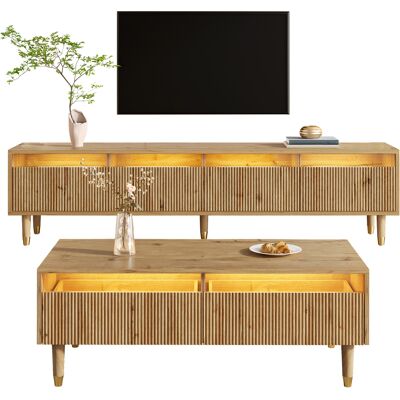 ACKERMAN Ensemble De Meubles Modernes Avec Éclairage Led : Meuble Tv 4 Portes Et Table Basse 2 Tiroirs – Design Bois Doré, Éclairage Led, Structure Ondulée Et Façade En Acrylique Pour Un Style De Vie Élégant. Publicité ACKERMAN Ensemble De Meubles Modernes Avec Éclairage Led : Meuble Tv 4 Portes Et Table Basse 2 Tiroirs – Design Bois Doré, Éclairage Led, Structure Ondulée Et Façade En Acrylique Pour Un Style De Vie Élégant. Publicité