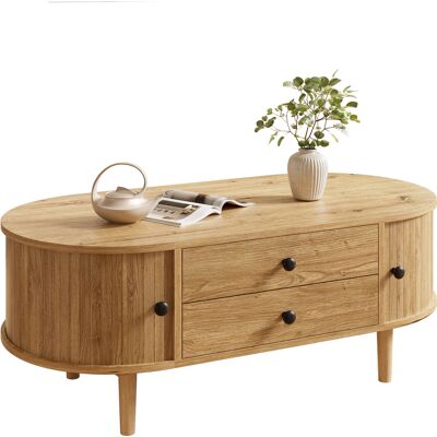 ACKERMAN Table Basse Ovale En Mdf Avec Lattes Verticales, Portes Coulissantes Et 2 Tiroirs. Publicité ACKERMAN Table Basse Ovale En Mdf Avec Lattes Verticales, Portes Coulissantes Et 2 Tiroirs. Publicité