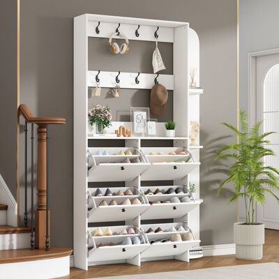 ACKERMAN 120 X 24 X 200 Cm, Porte-manteau Pour L'Entrée, Meuble À Chaussures Multifonctionnel 3 En 1, Porte À Charnières, 8 Crochets, Armoire Compacte, Meuble De Salon Avec 5 Étagères, Blanc - Publicité ACKERMAN 120 X 24 X 200 Cm, Porte-manteau Pour L'Entrée, Meuble À Chaussures Multifonctionnel 3 En 1, Porte À Charnières, 8 Crochets, Armoire Compacte, Meuble De Salon Avec 5 Étagères, Blanc - Publicité