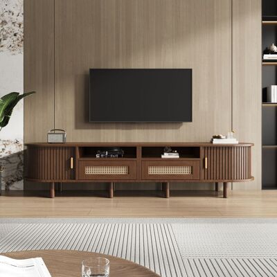 ACKERMAN Meuble Tv Ovale 170 X 40 X 40 Cm Avec 2 Tiroirs En Rotin, 2 Portes Coulissantes, Table Basse Et Meuble Tv Pour Téléviseurs Jusqu'à 70 Pouces, Finition Noyer. Publicité ACKERMAN Meuble Tv Ovale 170 X 40 X 40 Cm Avec 2 Tiroirs En Rotin, 2 Portes Coulissantes, Table Basse Et Meuble Tv Pour Téléviseurs Jusqu'à 70 Pouces, Finition Noyer. Publicité