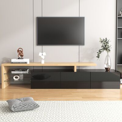 OEM Ce Meuble Tv Moderne Présente Un Design Élégant Et Stylé, Un Espace De Rangement Pratique, Une Finition En Bois Noir Brillant, Des Étagères En Verre Et Un Éclairage Led. Publicité OEM Ce Meuble Tv Moderne Présente Un Design Élégant Et Stylé, Un Espace De Rangement Pratique, Une Finition En Bois Noir Brillant, Des Étagères En Verre Et Un Éclairage Led. Publicité