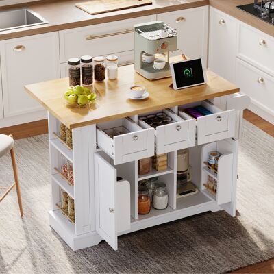 ACKERMAN Table De Cuisine Mobile 132 Cm, Style Champêtre, Plan De Travail Pliable, Meuble Multifonctions Avec Tiroir, Porte-épices, Porte-serviettes, 4 Roulettes, Prise Intégrée, Cuisine/salle À Manger/maison - Publicité ACKERMAN Table De Cuisine Mobile 132 Cm, Style Champêtre, Plan De Travail Pliable, Meuble Multifonctions Avec Tiroir, Porte-épices, Porte-serviettes, 4 Roulettes, Prise Intégrée, Cuisine/salle À Manger/maison - Publicité