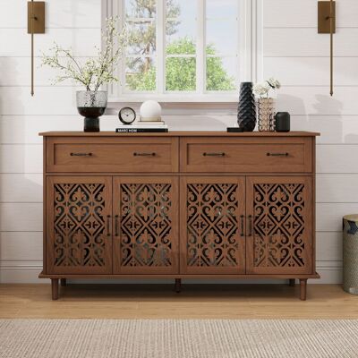 ACKERMAN Buffet Couleur Noyer Avec Quatre Portes, Deux Tiroirs, Design À Trous Sculptés – Étagères Réglables, Poignées Rétro En Métal Et Pieds En Bois Massif Stables, Adapté Comme Meuble De Rangement Pour Salo - Publicité ACKERMAN Buffet Couleur Noyer Avec Quatre Portes, Deux Tiroirs, Design À Trous Sculptés – Étagères Réglables, Poignées Rétro En Métal Et Pieds En Bois Massif Stables, Adapté Comme Meuble De Rangement Pour Salo - Publicité