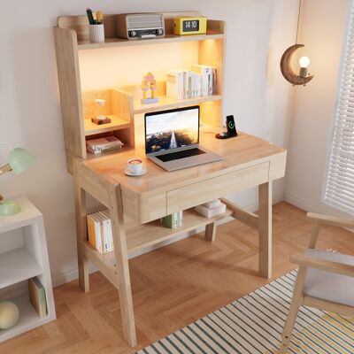 LEMONBEST Bureau Enfant Réglable En Hauteur En Bois Massif Naturel Avec Led, Port Usb, Tiroir Et Rangement, Dès 6 Ans - Publicité LEMONBEST Bureau Enfant Réglable En Hauteur En Bois Massif Naturel Avec Led, Port Usb, Tiroir Et Rangement, Dès 6 Ans - Publicité
