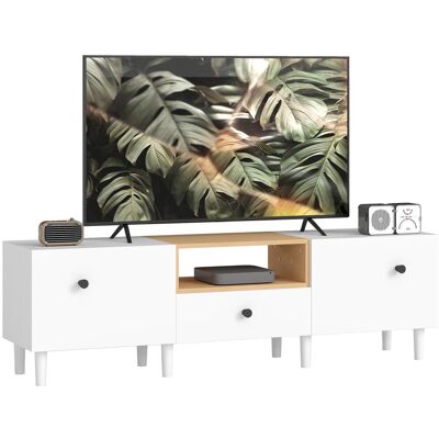 OEM Meuble Tv 70" Maximum Avec 2 Portes Abattantes, Un Tiroir Et Une Étagère Ouverte, En Bois, 150 X 35 X 45 Cm, Blanc Et Bois. Publicité OEM Meuble Tv 70" Maximum Avec 2 Portes Abattantes, Un Tiroir Et Une Étagère Ouverte, En Bois, 150 X 35 X 45 Cm, Blanc Et Bois. Publicité