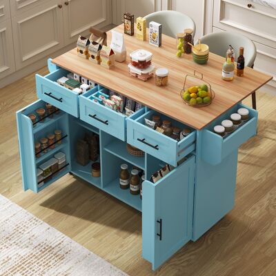 ACKERMAN Desserte/buffet 139x46(71)x91,5cm Structure Bleue, Plateau Bois Rabattable, Porte Rangement, Roulettes, Idéal Salle À Manger/cuisine - Publicité ACKERMAN Desserte/buffet 139x46(71)x91,5cm Structure Bleue, Plateau Bois Rabattable, Porte Rangement, Roulettes, Idéal Salle À Manger/cuisine - Publicité