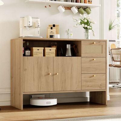 LEMONBEST Buffet De Cuisine 105x40x76 Cm Meuble Rangement Avec 2 Portes, Tiroirs En Rotin, Poignées Dorées - Pour Salon Chambre - Bois Naturel - Publicité LEMONBEST Buffet De Cuisine 105x40x76 Cm Meuble Rangement Avec 2 Portes, Tiroirs En Rotin, Poignées Dorées - Pour Salon Chambre - Bois Naturel - Publicité