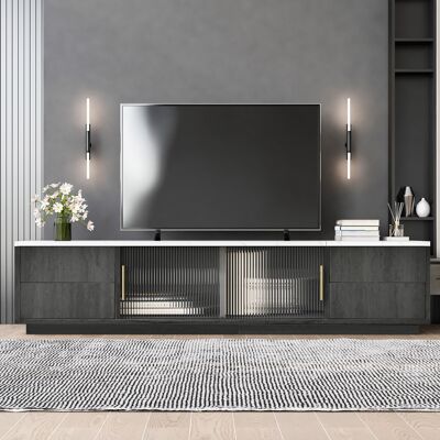 LEMONBEST Meuble Tv 160 X 140 X 38.5 Cm Avec 4 Tiroirs Push Open Portes Vitrées Gestion Câbles Effet Marbre Mdf Gris - Publicité LEMONBEST Meuble Tv 160 X 140 X 38.5 Cm Avec 4 Tiroirs Push Open Portes Vitrées Gestion Câbles Effet Marbre Mdf Gris - Publicité